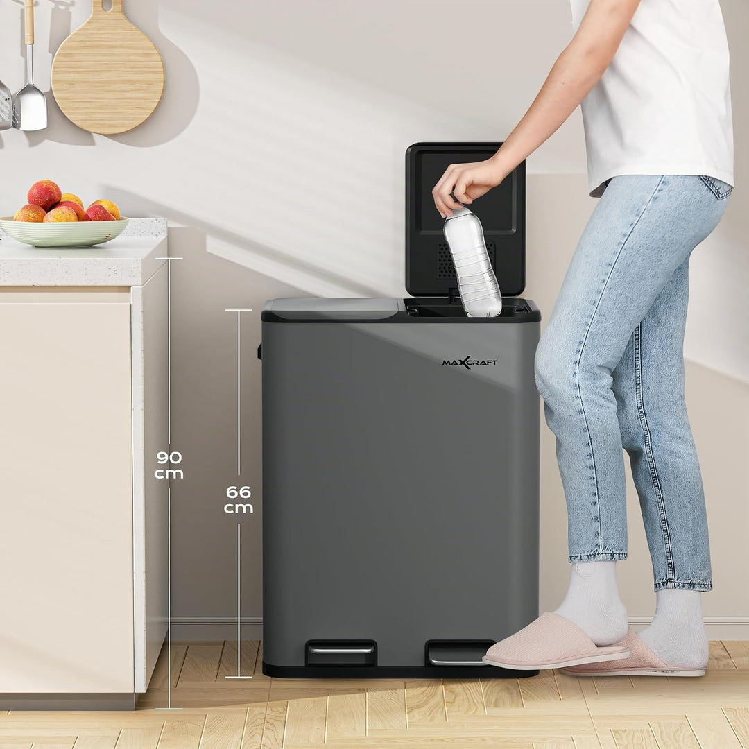 Mülleimer 60 Liter aus Stahl Treteimer Abfalleimer mit 2 Inneneimern aus Kunststoff (2x 30L) - Sanft