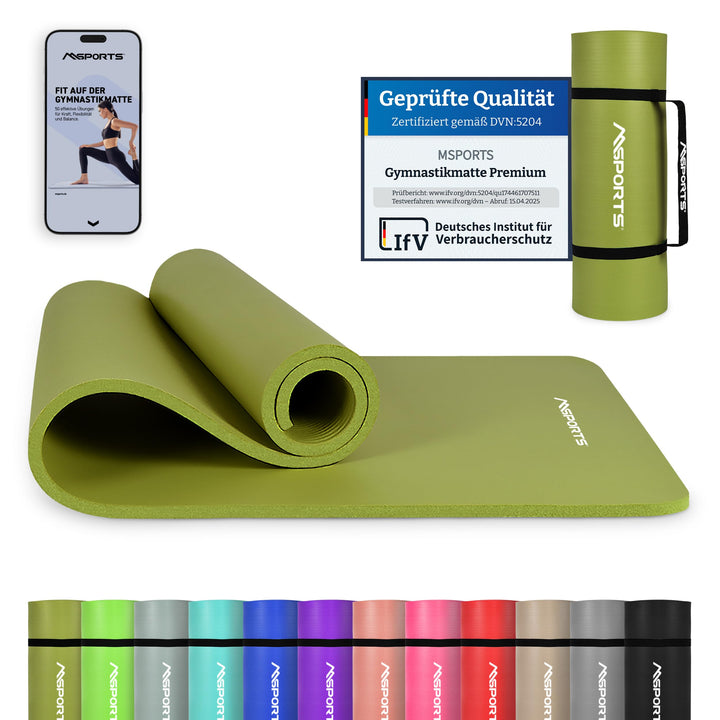 MSPORTS Gymnastikmatte Premium inkl. Tragegurt + Übungsposter + Workout App I Hautfreundliche Fitnes