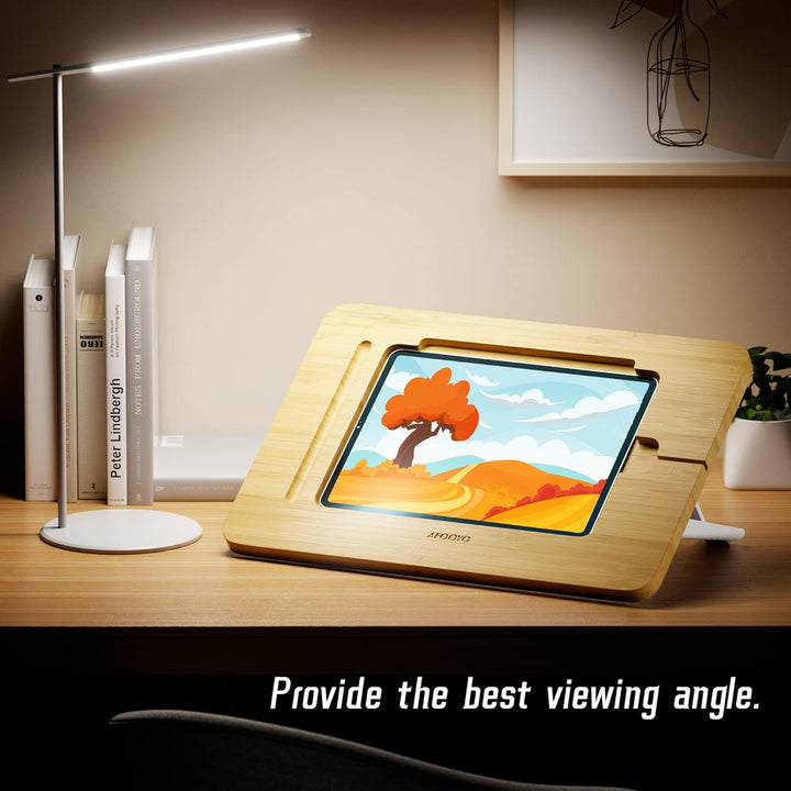 AFOOYO Tablet-Ständer, verstellbar, faltbar, tragbar, für Schreibtisch, Bambus, Holz, kompatibel mit