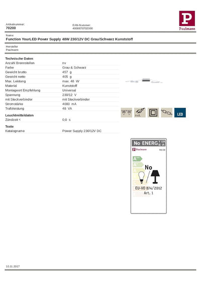Paulmann 70200 LED Stripe YourLED Power Supply 48W 230/12V Niedervolt DC Grau/Schwarz Kunststoff 702