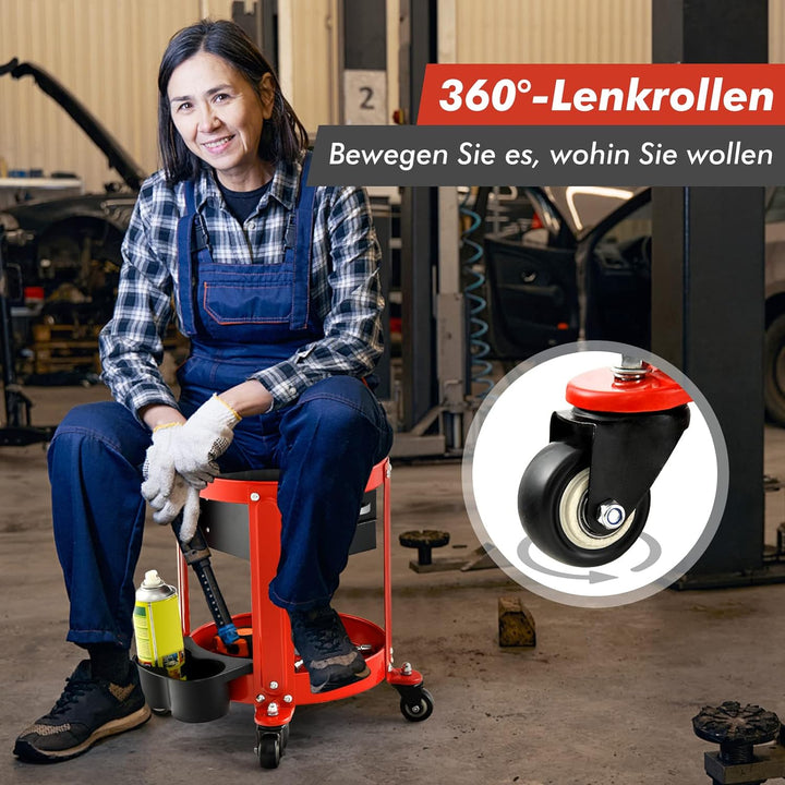 COSTWAY Werkstatthocker, 150 kg belastbar, Werkstattsitz mit 2 Schubladen & Dosenhaltern & Ablage &