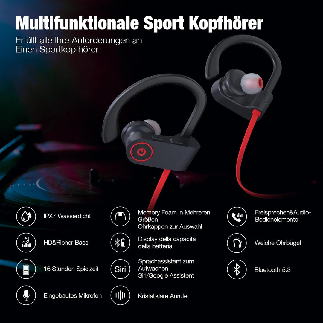Bluetooth Kopfhörer, Kabellose Bluetooth 5.3 Sport-Kopfhörer mit IPX7 Wasserschutz für Joggen und Tr