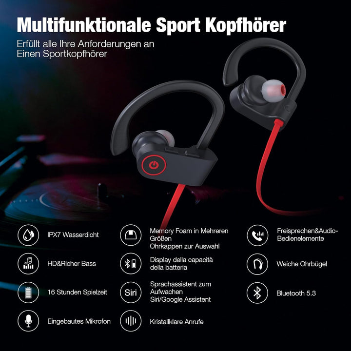 Bluetooth Kopfhörer, Kabellose Bluetooth 5.3 Sport-Kopfhörer mit IPX7 Wasserschutz für Joggen und Tr