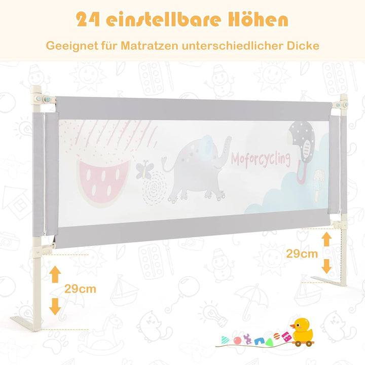 COSTWAY 175cm Bettgitter, 24 Stufen höhenverstellbares Babygitter mit doppeltem Verschluss & Reissve