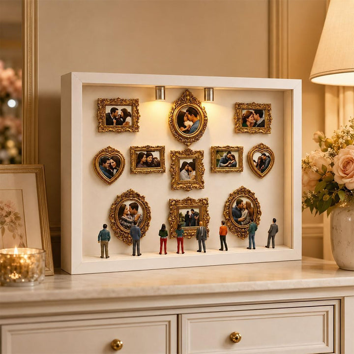 Mini Museum Bilderrahmen, Bilderrahmen Museum mit 11 Goldene Rahmen Vintage und LED Licht, Mini Figu