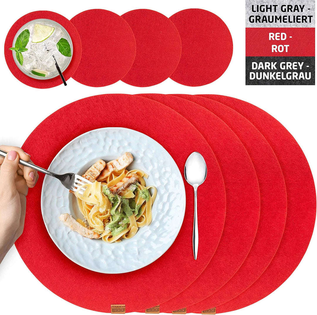 MIQIO® Design Runde Tischsets aus Filz abwaschbar | Mit Marken Echtleder Label und Glasuntersetzer |