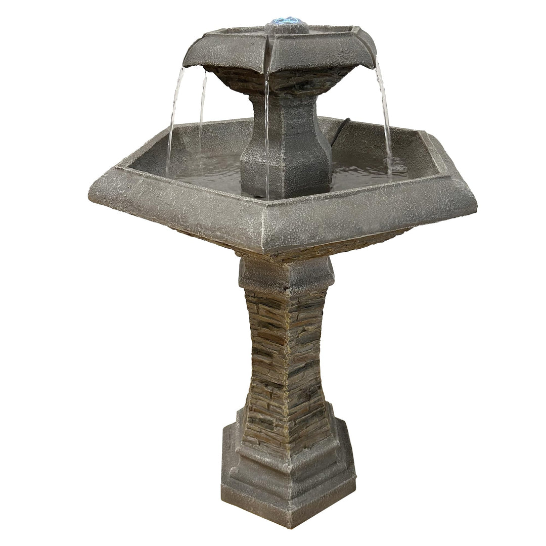 Köhko® Hexagon Eleganz Gartenbrunnen mit LED Beleuchtung, Wasserfall, Vogeltränke, Gartendeko, Sprin
