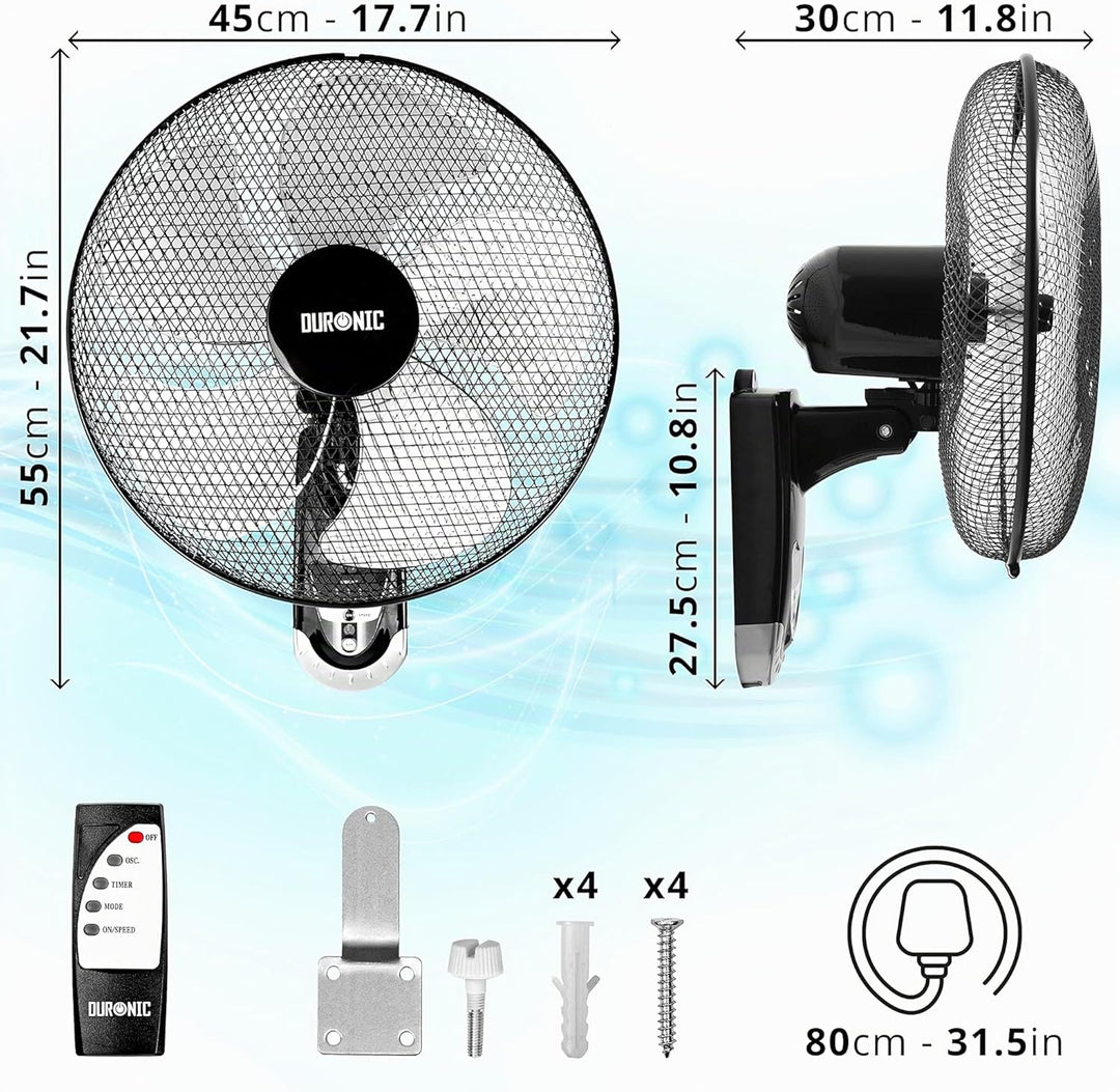 Duronic FN55 Wandventilator 60W - Durchmesser: 40 cm – Timer und Fernbedienung – 3 Geschwindigkeiten