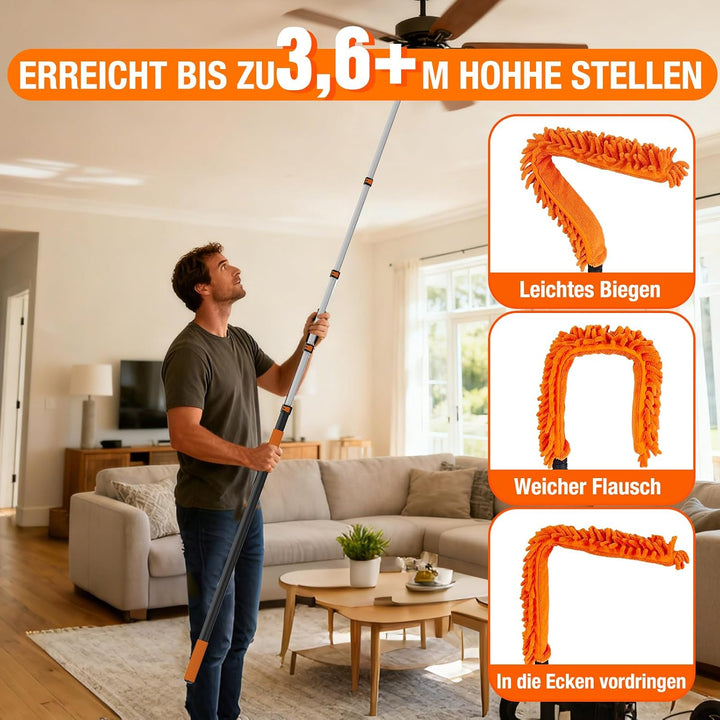 SISUPASSIE 3,6m Staubwedel Teleskop, Spinnwebenbesen mit Teleskopstiel, Staubwedel Waschbar für Sock