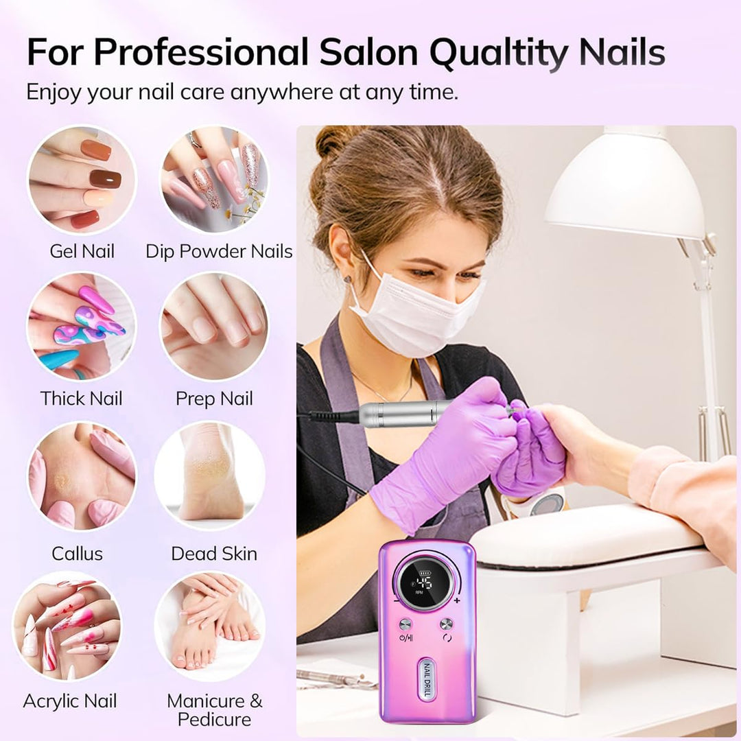 Elektrische Nagelfeile/Nagelfräser 45000 U/min [LCD+12 Köpfe] – Leise aufladbare Nagelmaschine mit 1