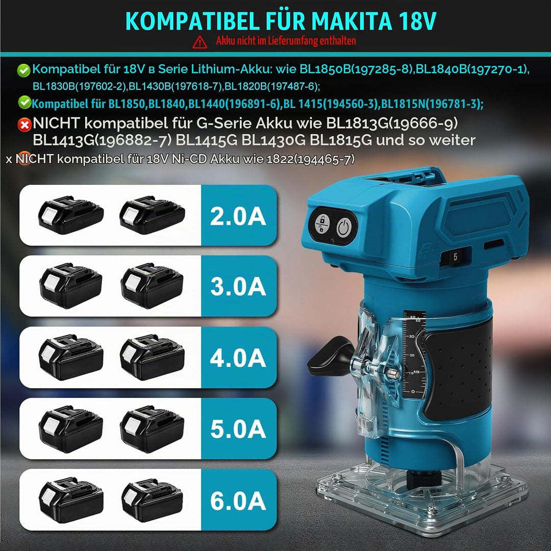 Akku Oberfräse kompatibel mit Makita 18V Akku, 800W Bürstenloser Kantenfräser Set mit 5 Geschwindigk