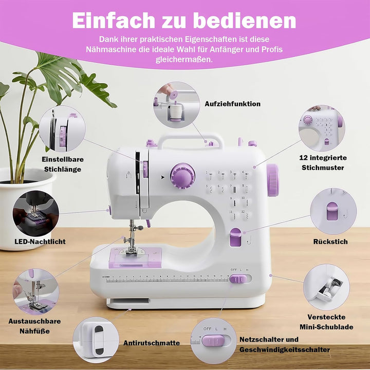 Portable Nähmaschine mit Anschiebetisch für Anfänger Tragbare Elektrische Nähmaschine mit LED-Licht