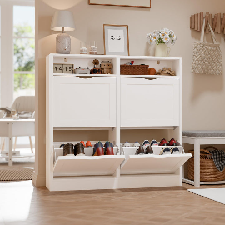 ELUCHANG Schuhschrank schmal mit 4 Klappen / 8 Ablagen, Platzsparender Schuhkipper Schuhkommode, Ges