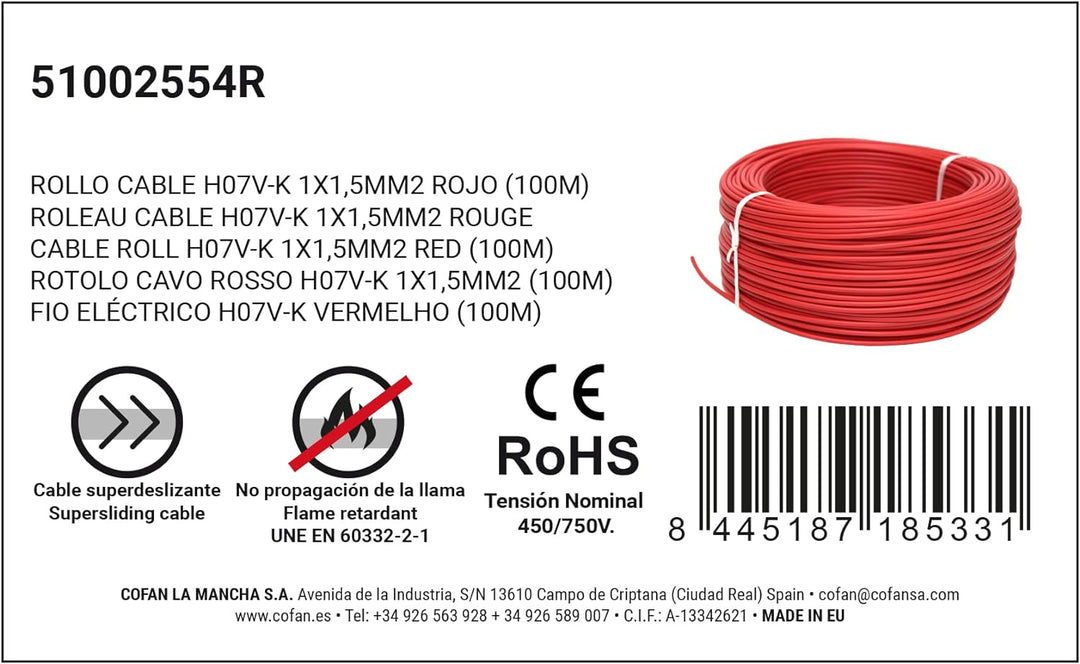 Cofan 51002554R H07V-K Kabelrolle, rot, 1 x 1.5mm, 100 m 1 x 1.5mm, 100 m Rot, 1 x 1.5mm, 100 m Rot