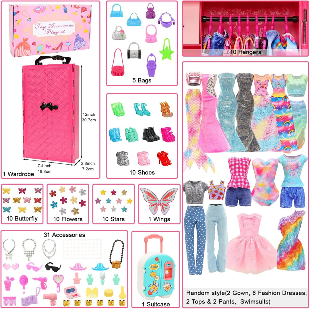 101 Teile 11,5 Zoll Mädchenpuppe Modenschrank Spielset - 1 Puppenschrank, 12 Kleidung, 10 Schuhe &amp; 7