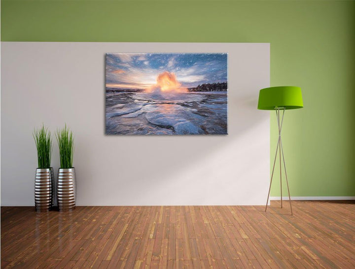 Pixxprint Heisse Quelle in Island Kunst Buntstift Effekt, Format: 100x70 auf Leinwand, XXL riesige B