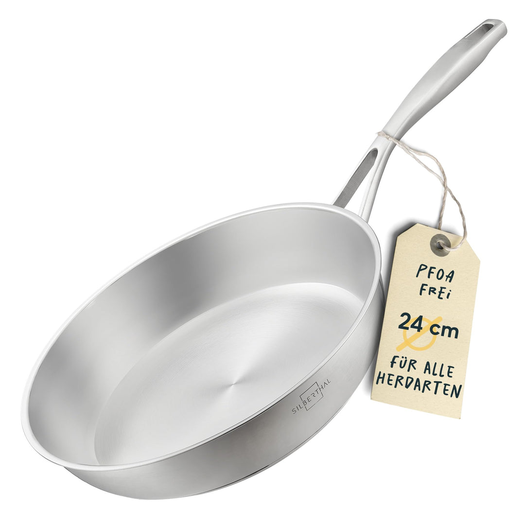 SILBERTHAL Edelstahl Pfanne Unbeschichtet - Induktion - Profi Bratpfanne 24cm - Röstaromen - Ofenfes