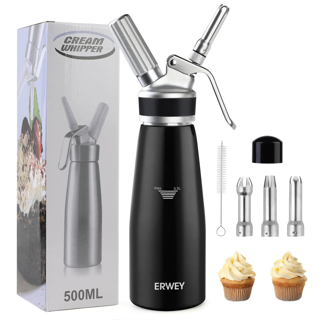 ERWEY Sahnespender 500ML, Sahnesyphon Edelstahl, Sahnesprüher Auslaufsicherer Einfach Reinigen mit 3