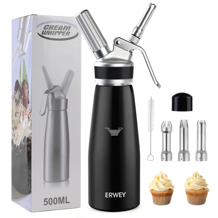 ERWEY Sahnespender 500ML, Sahnesyphon Edelstahl, Sahnesprüher Auslaufsicherer Einfach Reinigen mit 3