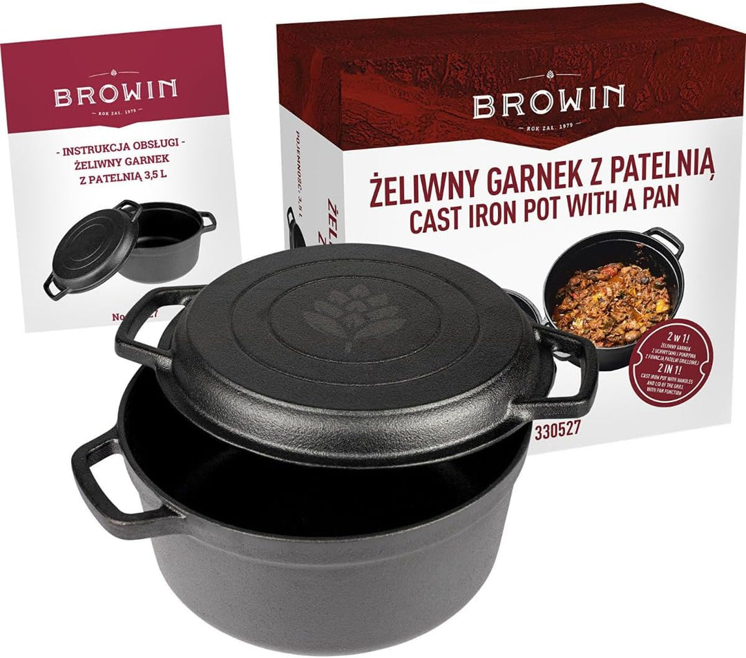 BROWIN® Gusseisen Topf mit Pfanne 330527 | 3,5 Liter Brotbackform | Robuster Kochtopf | 2in1 Gusseis