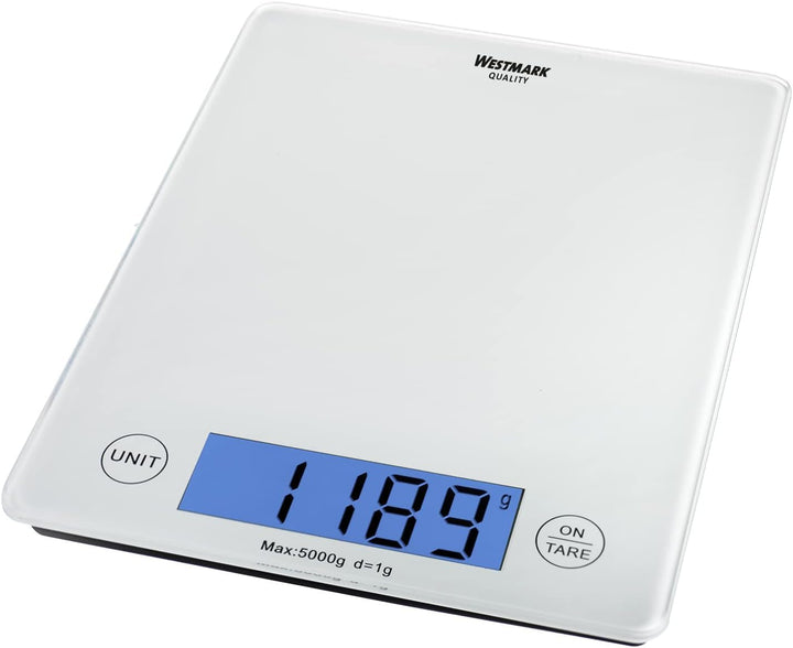 Westmark Digitale Küchenwaage mit Tara-Funktion, Wiegebereich bis 5 Kg, Glas-Wiegefläche, 23 x 18 x