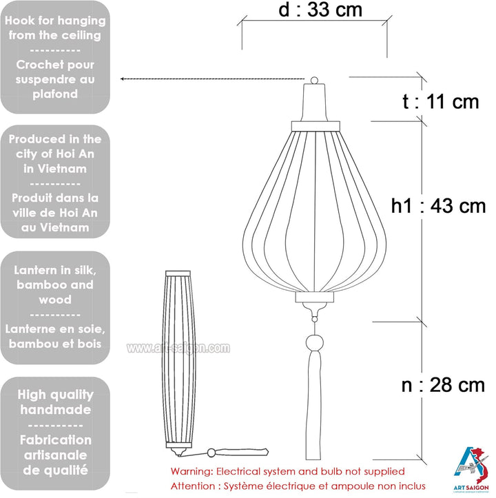 Lampion Asiatische Seide Lila G - Durchmesser Ø 33 cm - Hoi An Laterne aus Stoff, Bambus und Holz -