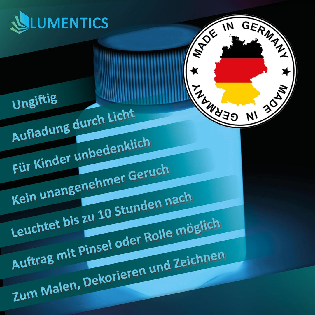 LUMENTICS Malfarbe Blau nachleuchtend 100g - Im Dunkeln leuchtende Farbe. Nachleuchtfarbe mit Glitte