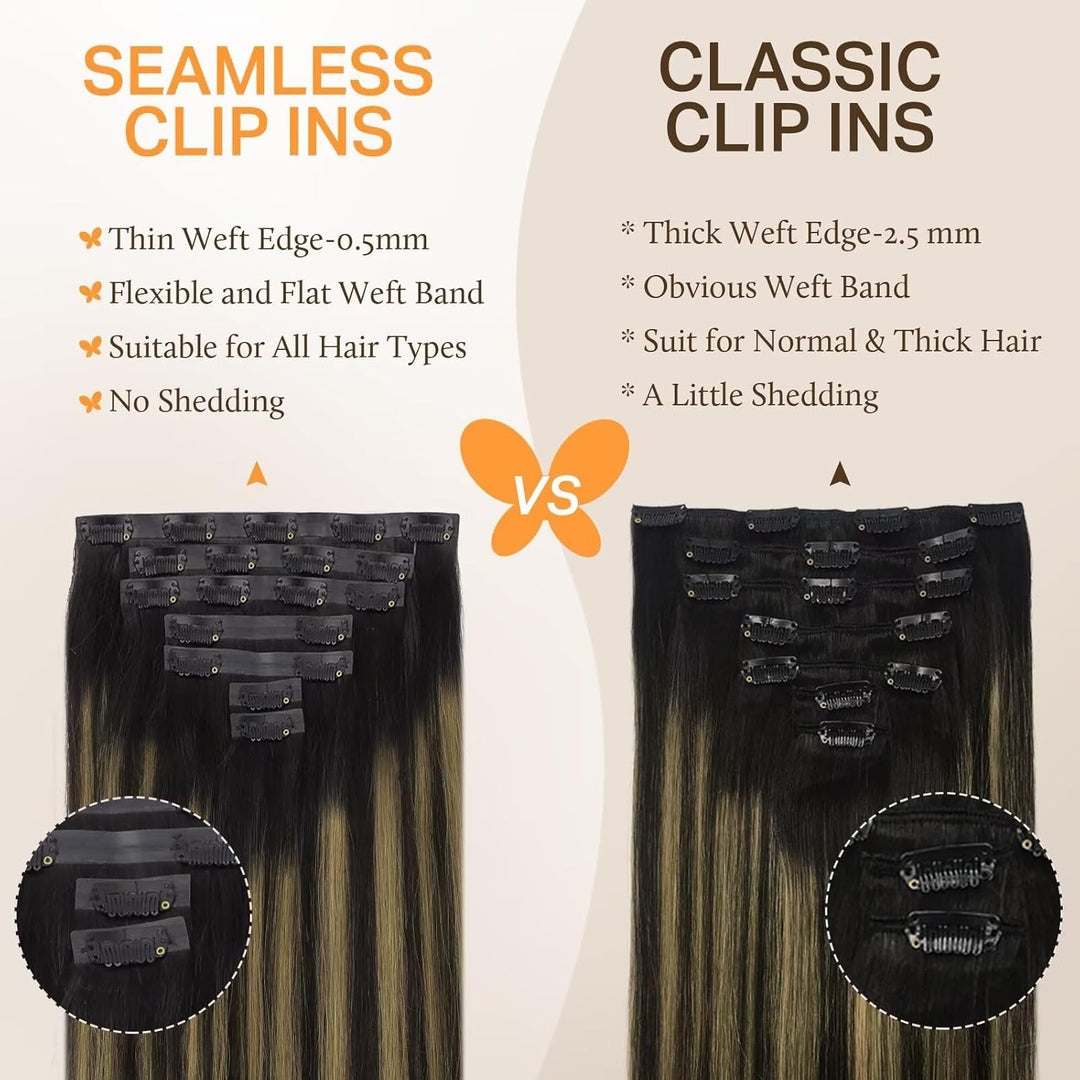 DOORES Clip in Extensions Echthaar, Balayage Natürliches Schwarz bis Chestnut Braun 35cm 14 Zoll 7 S