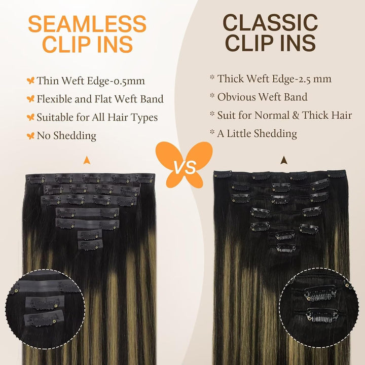 DOORES Clip in Extensions Echthaar, Balayage Natürliches Schwarz bis Chestnut Braun 35cm 14 Zoll 7 S