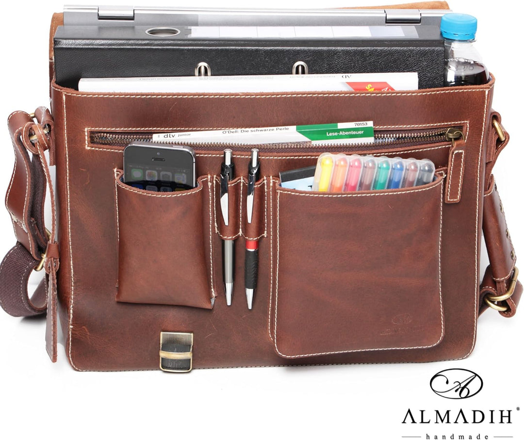 ALMADIH Leder Aktentasche Messenger *JON* handgefertigt aus robustem Premium Rindsleder braun Vintag