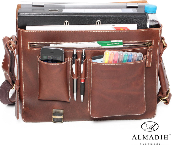 ALMADIH Leder Aktentasche Messenger *JON* handgefertigt aus robustem Premium Rindsleder braun Vintag