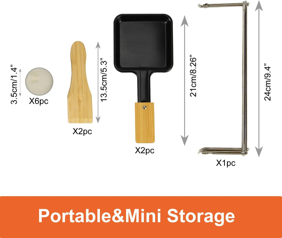 Tragbares Mini Raclette Set für 2 Personen, 2 Antihaft Pfännchen mit Bambusgriff, 2 Bambusspatel, Kl