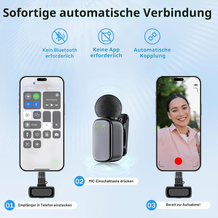 Kabelloses Lavalier Mikrofon für Handy/iPhone//iPad/Kamera, Mini Mikrofon für Live-Streaming, Rausch