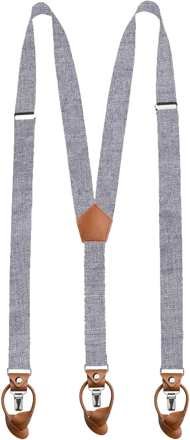 LINILI Leinen Accessoires SET: Fliege, Hosenträger, Einstecktuch- Fliege bereits gebunden, verstellb