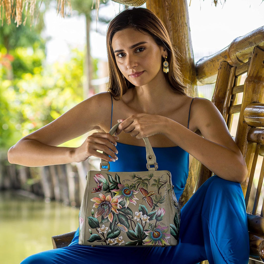 Anuschka Handbemalte Satchel Tasche mit mehreren Fächern aus Echtleder Floral Passion, Floral Passio