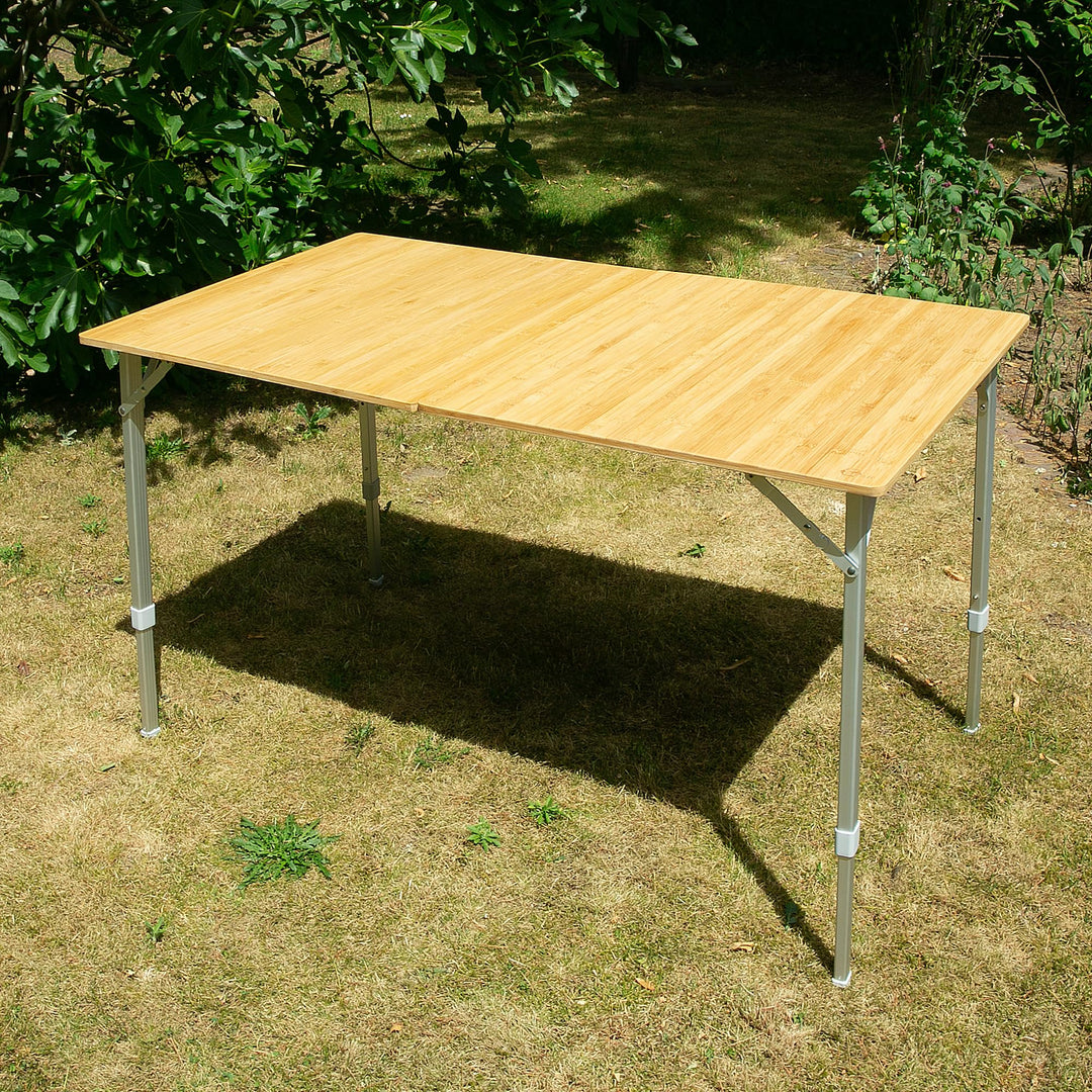 your GEAR Portofino Bambus Campingtisch XL 120x70 cm – Höhenverstellbarer Outdoor Klapptisch – Teles