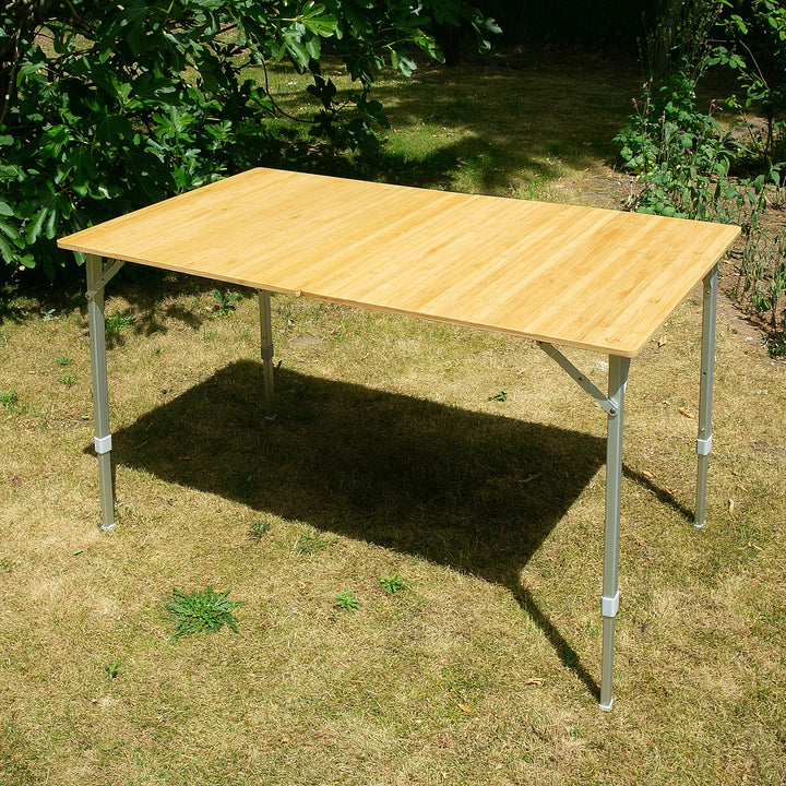 your GEAR Portofino Bambus Campingtisch XL 120x70 cm – Höhenverstellbarer Outdoor Klapptisch – Teles