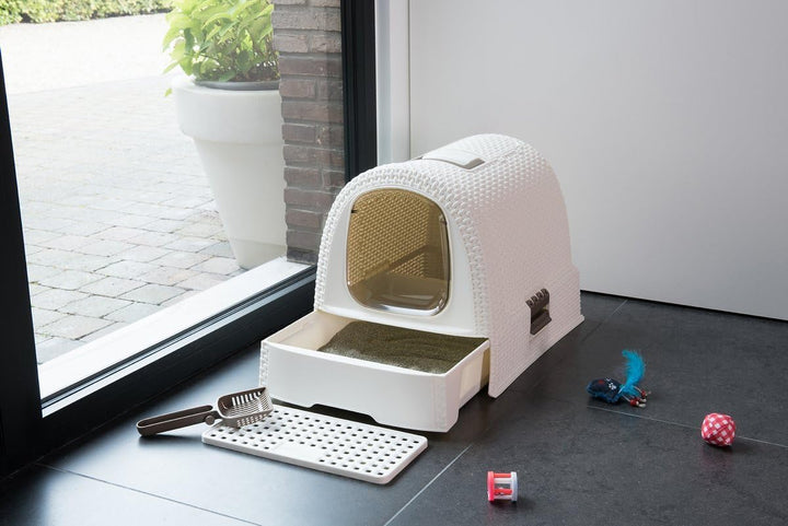 Curver petlife Katzentoilette mit Deckel, Katzenklo inklusive Schaufel, moderne Rattangeflecht-Optik