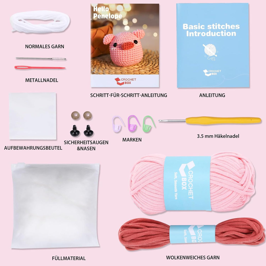 CrochetBox Komplettes Häkelset für Anfänger, Schwein Häkelset, Video-Tutorial einbeziehen, Anleitung