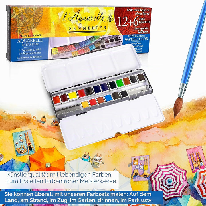 Sennelier Extra-fine Aquarellmetallkasten mit 12 1/2 Näpfchen + 6 gratis