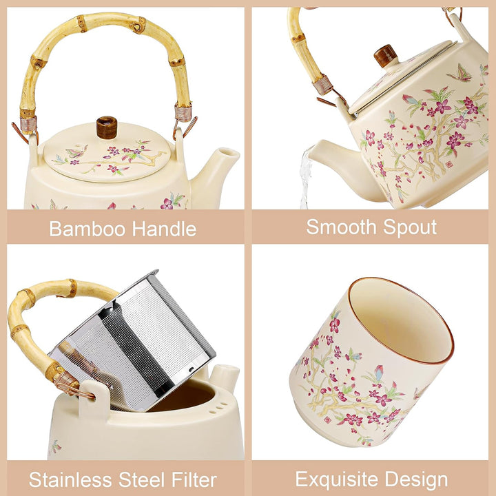 fanquare Teeservice mit Blumenmuster Gelb glasierte Porzellan Teekanne mit Sieb Japanische Teekanne