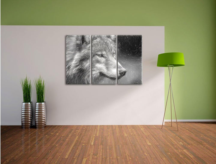 Pixxprint Porträt des europäischen Wolfes Kunst Kohle Effekt 3-Teiler Leinwandbild 120x80 Bild auf L