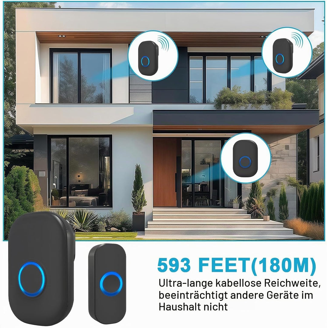 Funkklingel, Kabelloses Türklingel, Kabellose Türklingel Set mit 593FT Reichweite, mit 4 Lautstärkes