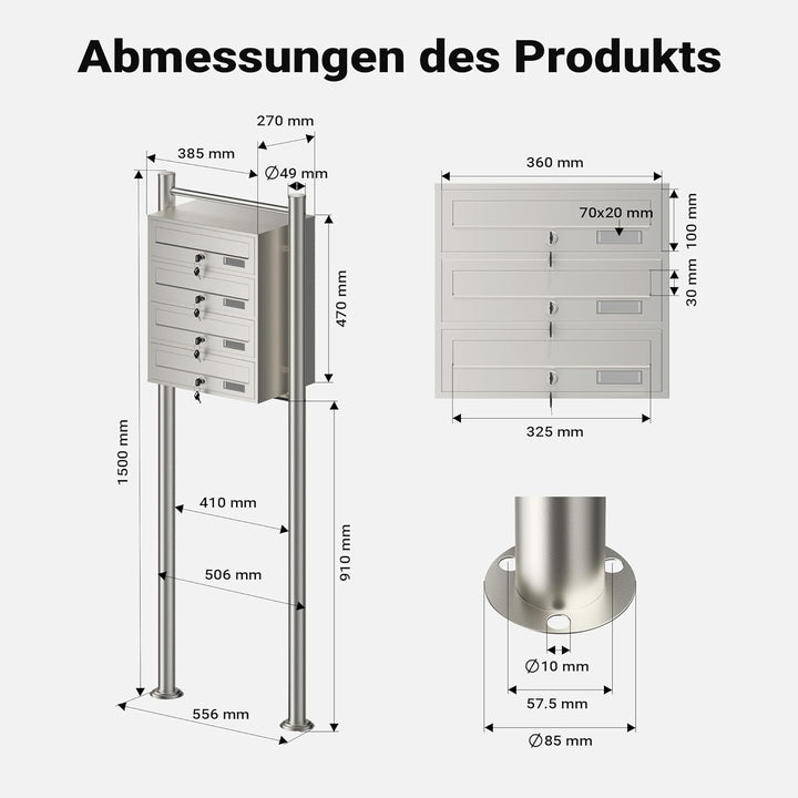 Wiltec 4er Briefkastenanlage Edelstahl 556 x 270 x 1500 mm, Standbriefkasten mit 4 Fächern, Schlüsse
