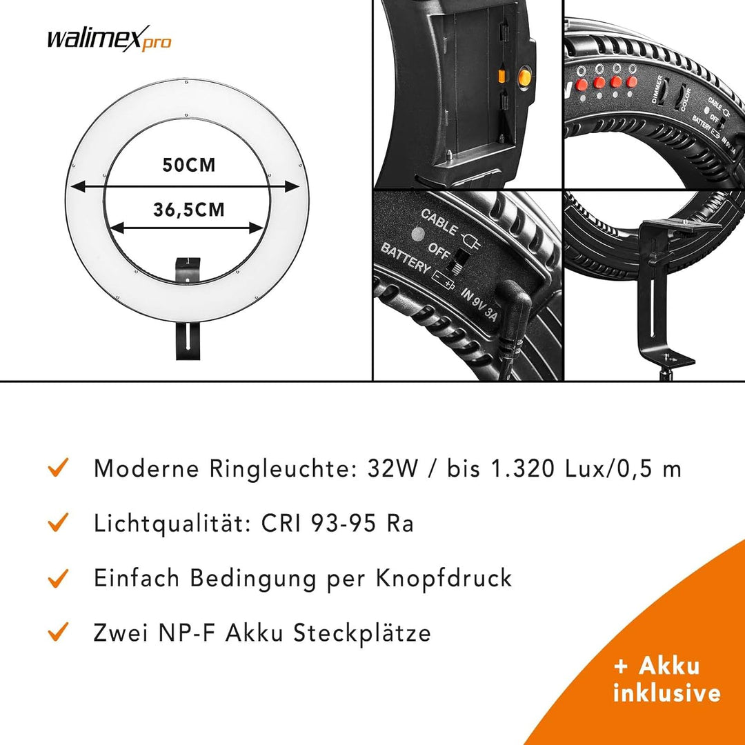 Walimex pro dimmbares LED Ringlicht 32W mit Lampenstativ & 2 Akkus I Ringleuchte mit einzeln schaltb