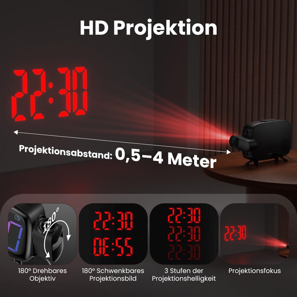 ELEHOT-Store Radiowecker mit projektion,180°Projektionswecker,12/24H Wecker Digital Snooze Funktion,