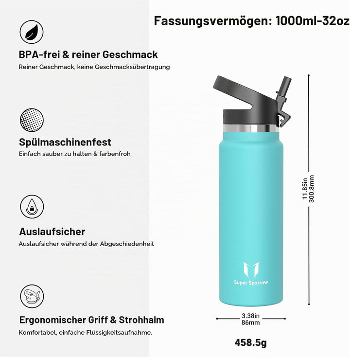 Super Sparrow Trinkflasche Edelstahl 1000ml - Breite Öffnung SwivelSip Thermosflasche - BPA-Frei The