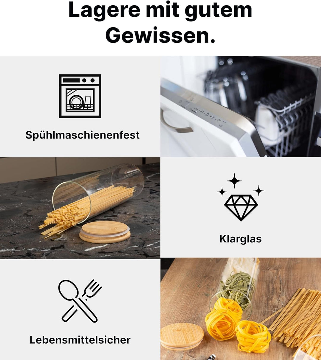Deco haus® Spaghetti Aufbewahrung 3er Set - Vorratsgläser mit Deckel + Etiketten [LUFTDICHT] - Für M