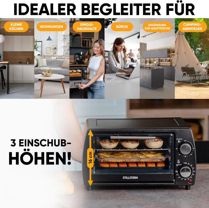 Stillstern Minibackofen (10L) Deutsche Version mit Airfryer-Einsatz, Backblech, Ofenhandschuhe, Reze