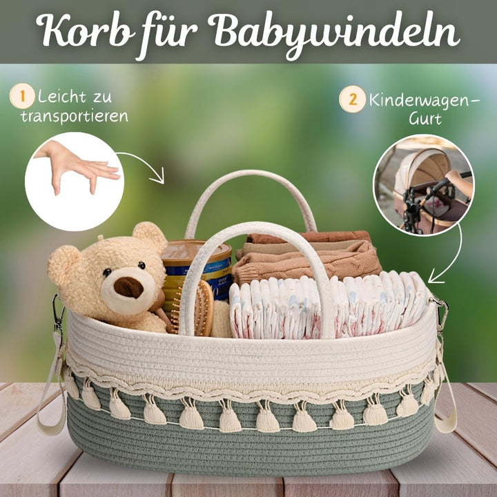 SEBRAM Wickeltisch Organizer Baby – Wickelkorb Boho aus Baumwollseil, Windel Organizer Caddy & Winde